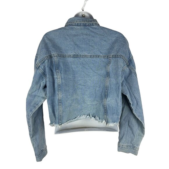 Blue Denim Cropped Womens Jacket With Frayed Hem Size M - Picture 2 of 5